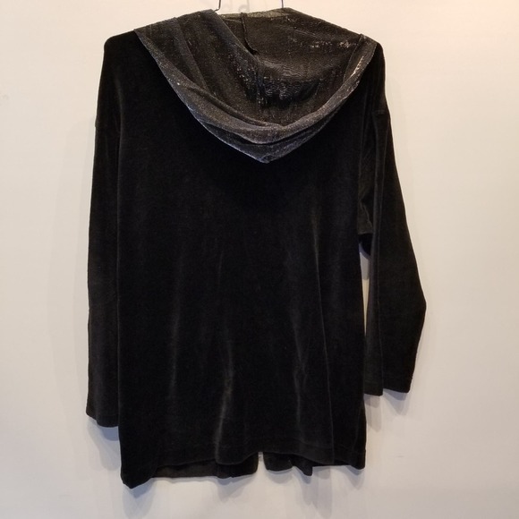 Vintage 90's Black Velour Cardigan Shimmer Hooded Sweatshirt Size M - Picture 9 of 13